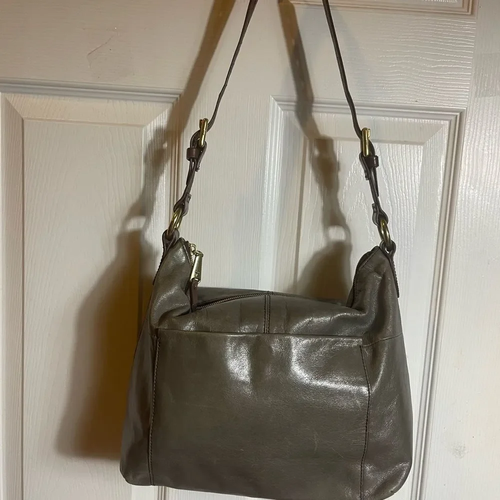 Hobo Leather Grayish green , Brown and Shoulder Bag with gold tone hardwares.